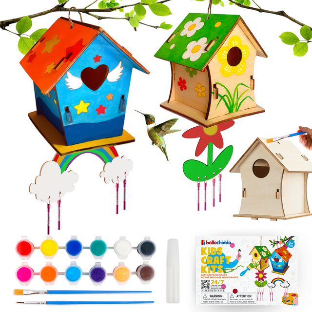 YCFUN Arts and Crafts for Kids, 2 Pack Bird House Outdoor, YCFUN Unpainted Wood DIY Birdhouse with Paint Strips, Toys for Girls 6 to 8 Years