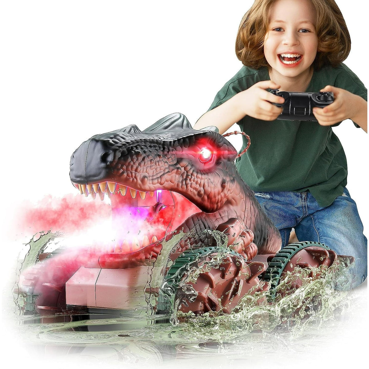 YCFUN TA201 Dinosaur Monster Trucks for Boys 4-7, 2.4Ghz Amphibious Remote Control Car with Light & Spray Function,Waterproof RC Boat Summer Beach Pool Gift,Dinosaur Toys for 3 4 5 6 7 8 Year Old Boy Girl