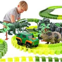 YCFUN R01 Dinosaur Toys, 260 Pcs Dinosaur Car Race Track Toy with 3 Cars Playset, Includes 250 Flexible Train Track, 7 Dinosaur and 2 Dinosaur Head Best Gift for Boys Girls Ages 3 4 5 6 7Years Old and Up