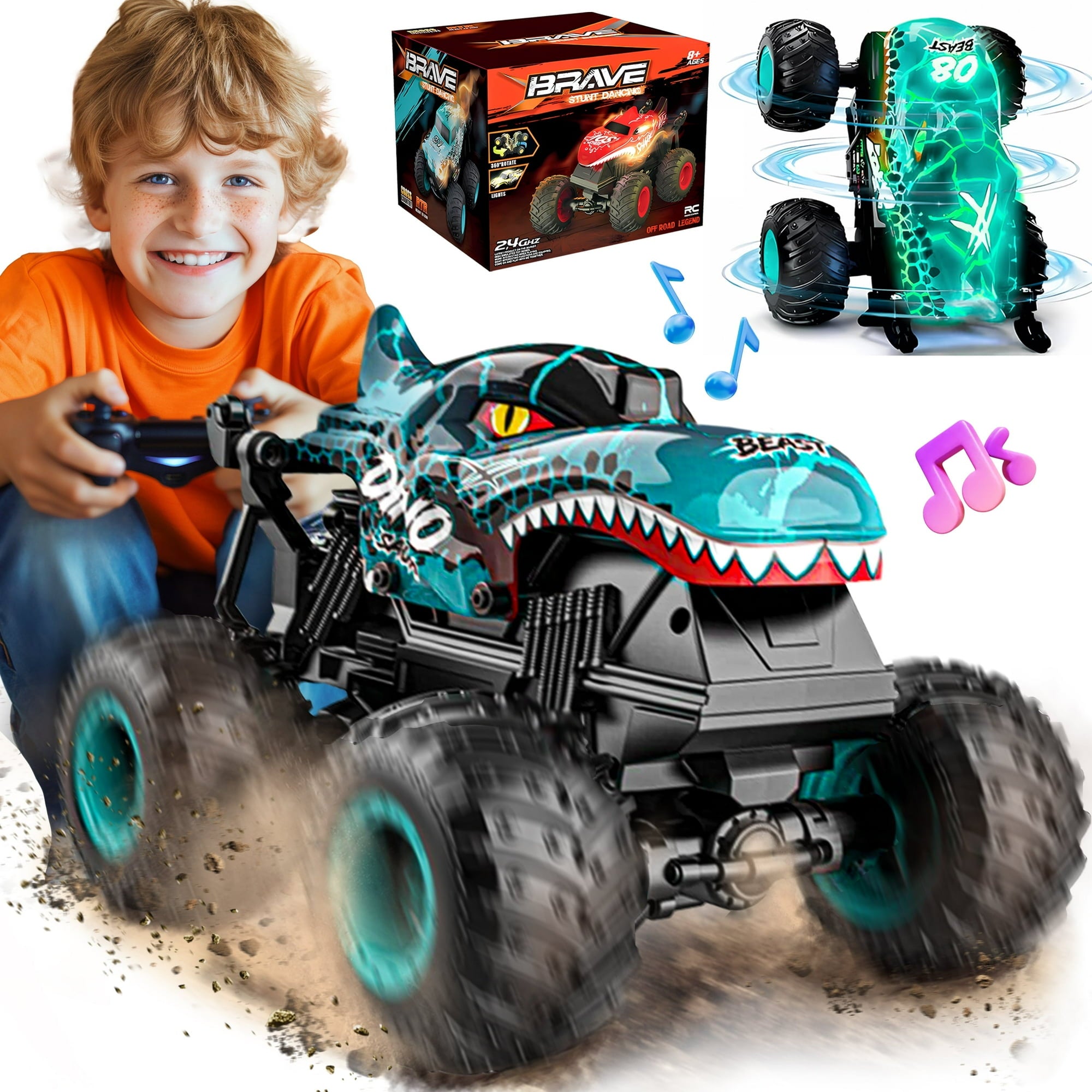 Remote Control Monster Trucks with Lights and Music, All Terrain Stunt Car RC Dinosaur Toys
