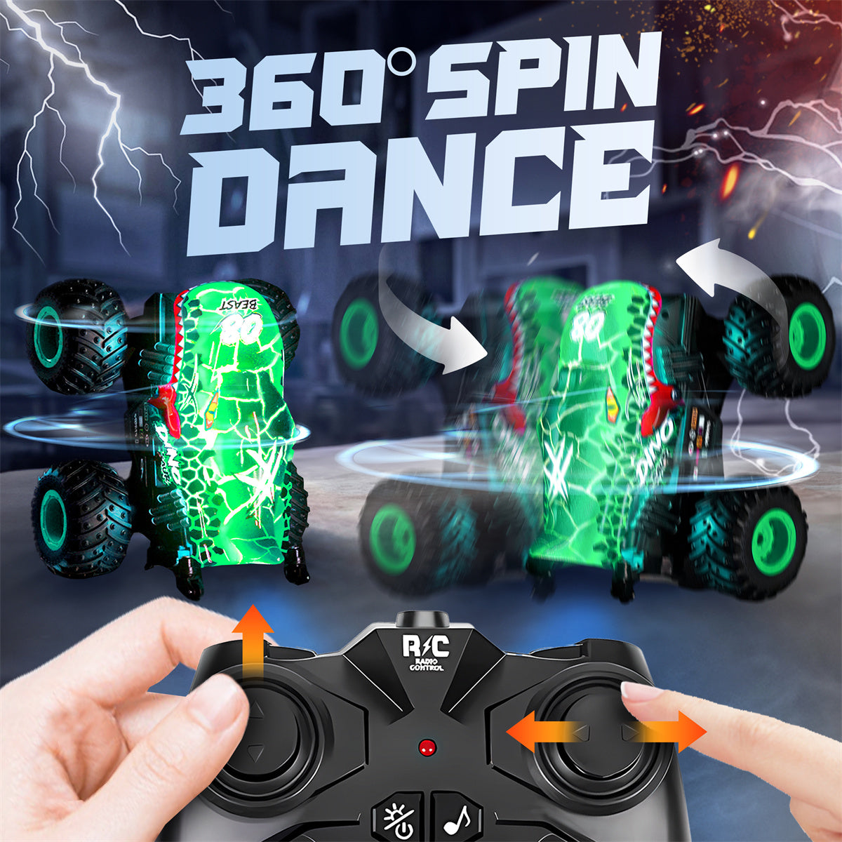 Remote Control Monster Trucks with Lights and Music, All Terrain Stunt Car RC Dinosaur Toys