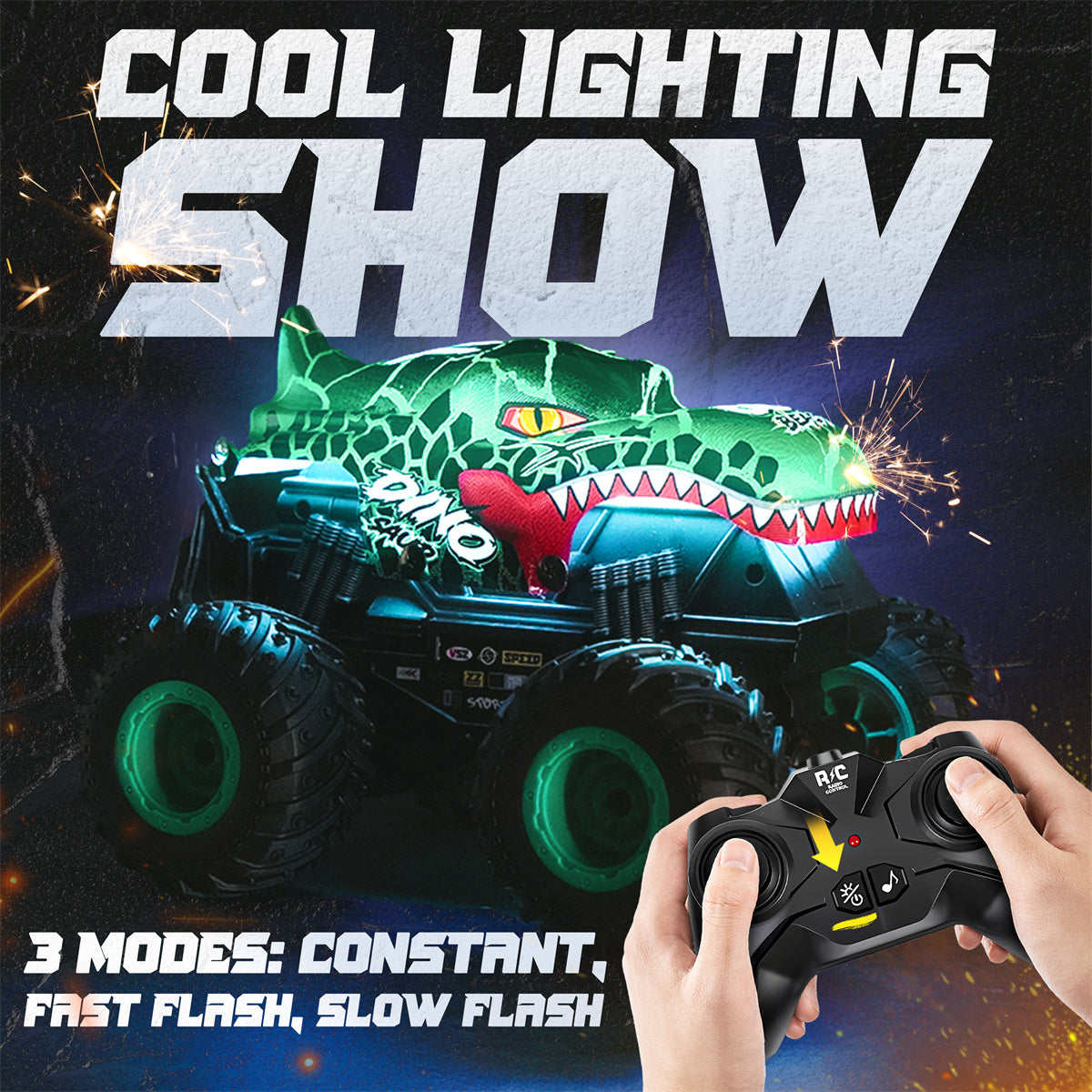 Remote Control Monster Trucks with Lights and Music, All Terrain Stunt Car RC Dinosaur Toys