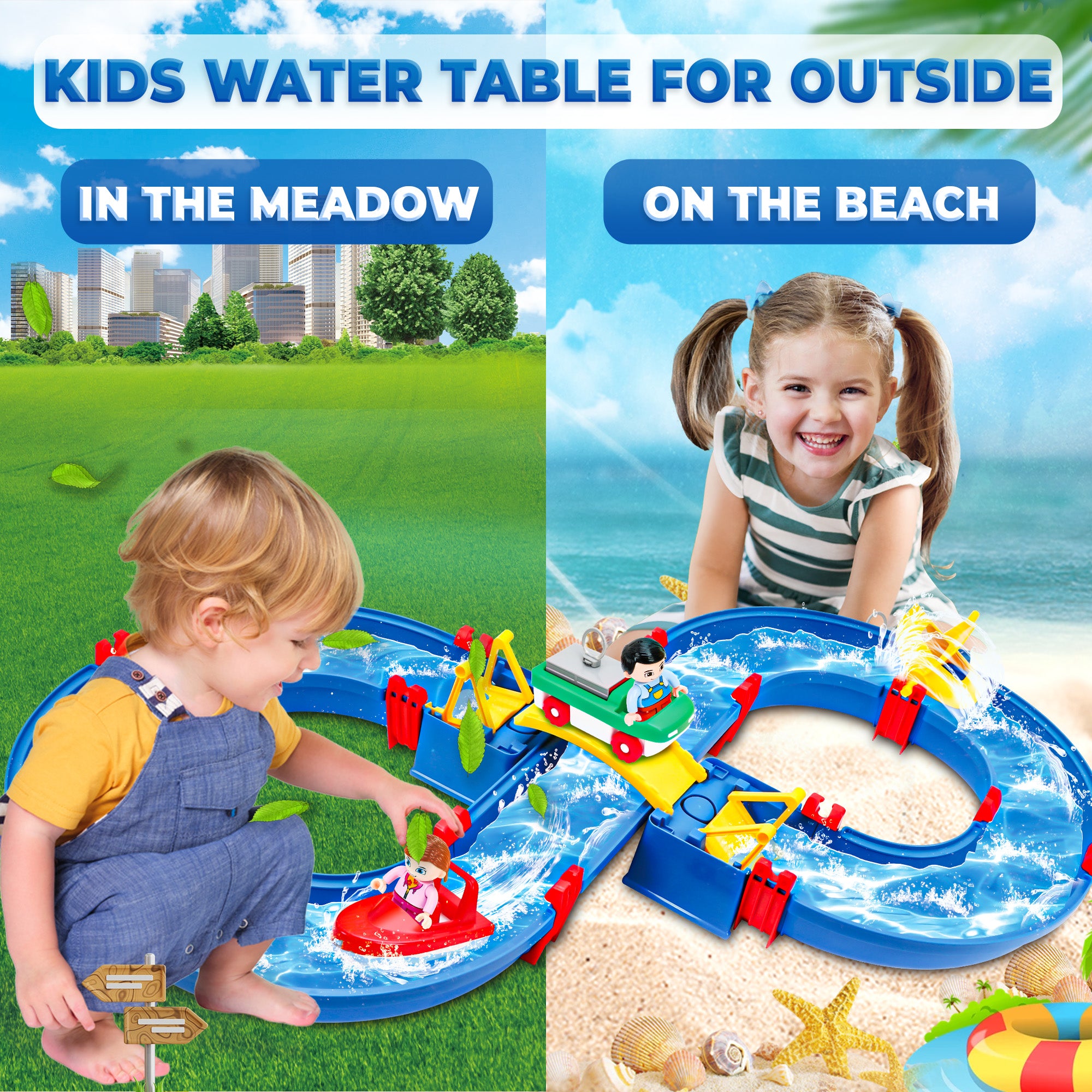 YCFUN Kids Outdoor Water Table Toys, Water Park Playset 50Pcs DIY Table Beach Toy