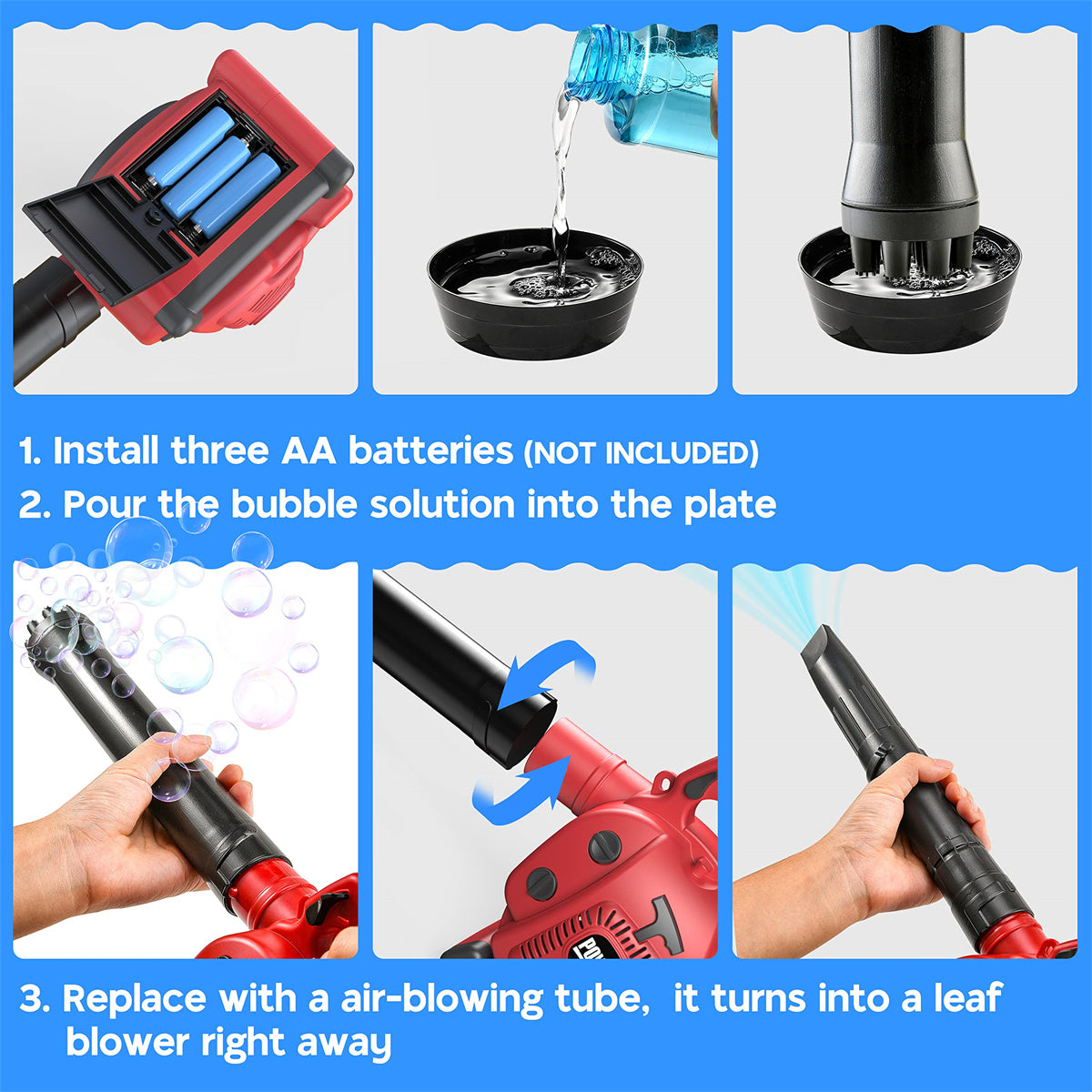 YCFUN 2-in-1 Leaf Blower Bubble Machine for Kids, ABS Pretend Play Outdoor Toys for Toddlers Girls Boys, Red