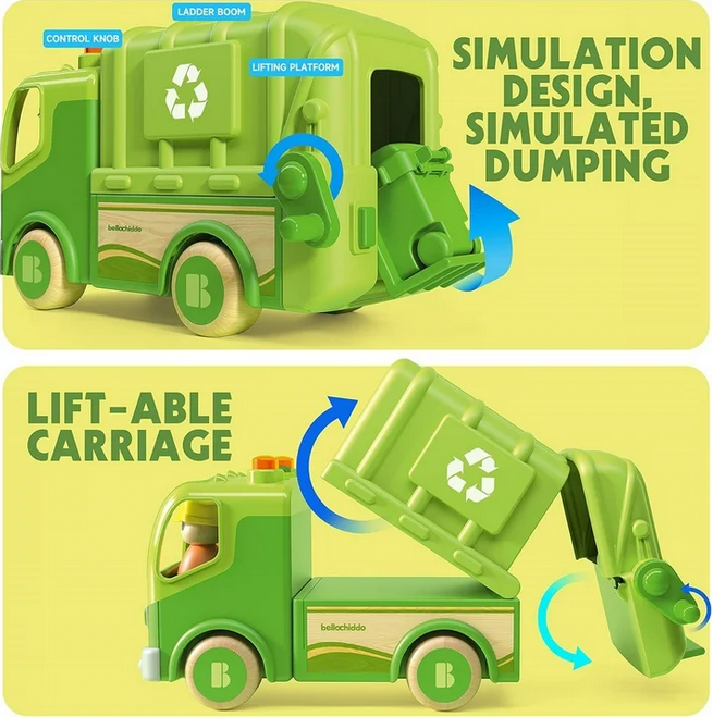 YCFUN Toy Wodden Car Truck Set, STEM Garbage Truck Vehicle Playsets Toys for Boys Kids Toddler Ages 3 4 5 6 7 8 Year Olds