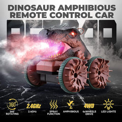 YCFUN TA201 Dinosaur Monster Trucks for Boys 4-7, 2.4Ghz Amphibious Remote Control Car with Light & Spray Function,Waterproof RC Boat Summer Beach Pool Gift,Dinosaur Toys for 3 4 5 6 7 8 Year Old Boy Girl
