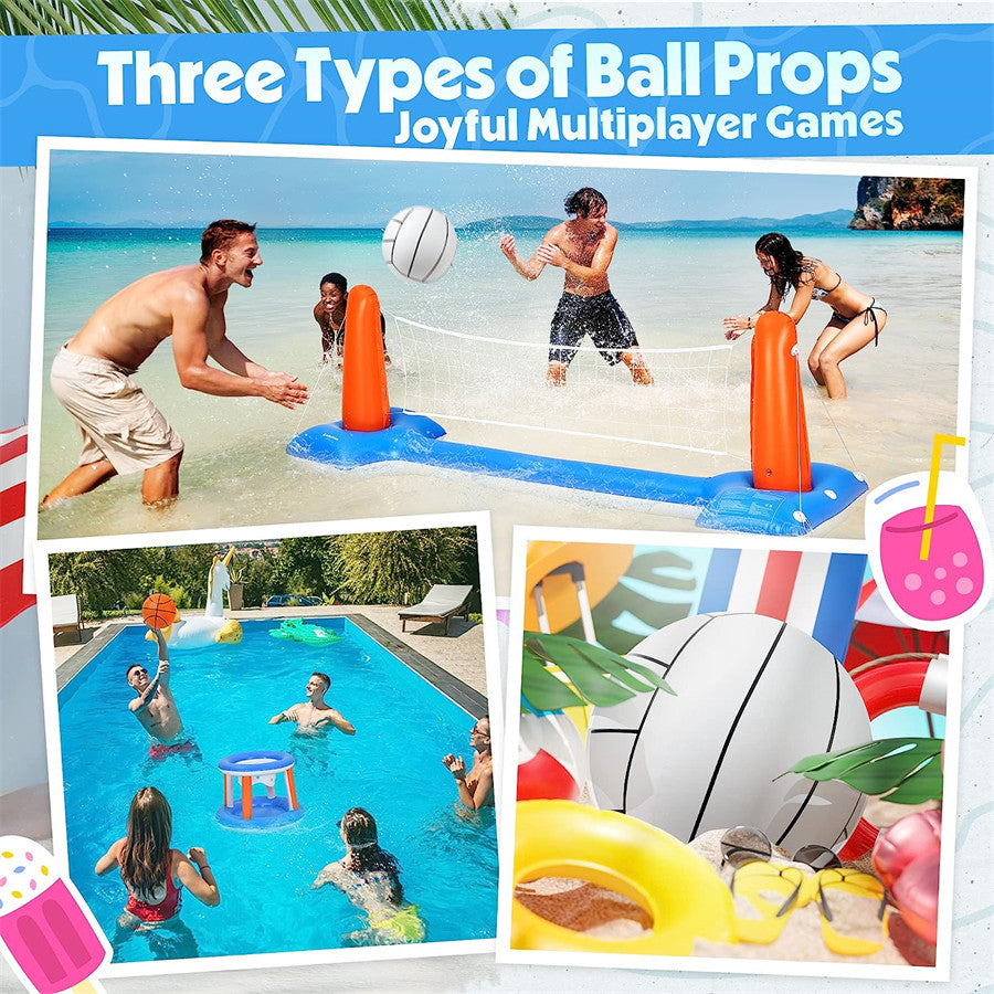 YCFUN Pool Toys - Swimming Pool Basketball & Volleyball Sets Incl Inflatable Pool Volleyball Net, Floating Basketball Hoop and Water Football