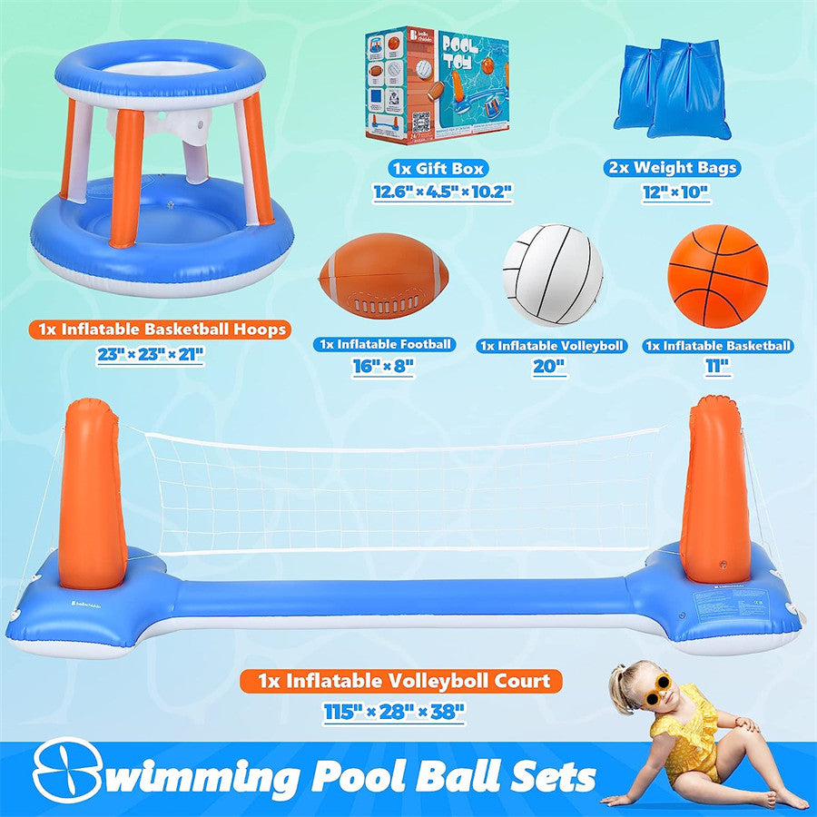 YCFUN Pool Toys - Swimming Pool Basketball & Volleyball Sets Incl Inflatable Pool Volleyball Net, Floating Basketball Hoop and Water Football